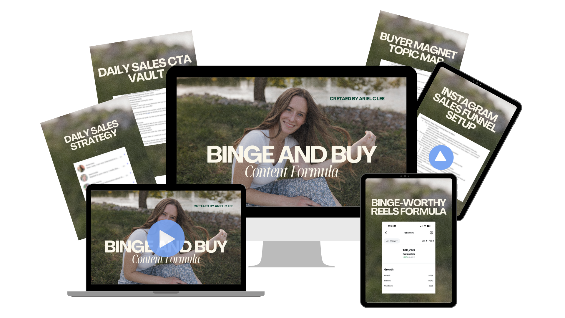 Binge & Buy Content Formula — course mockup showing modules on laptop, tablet, and phone