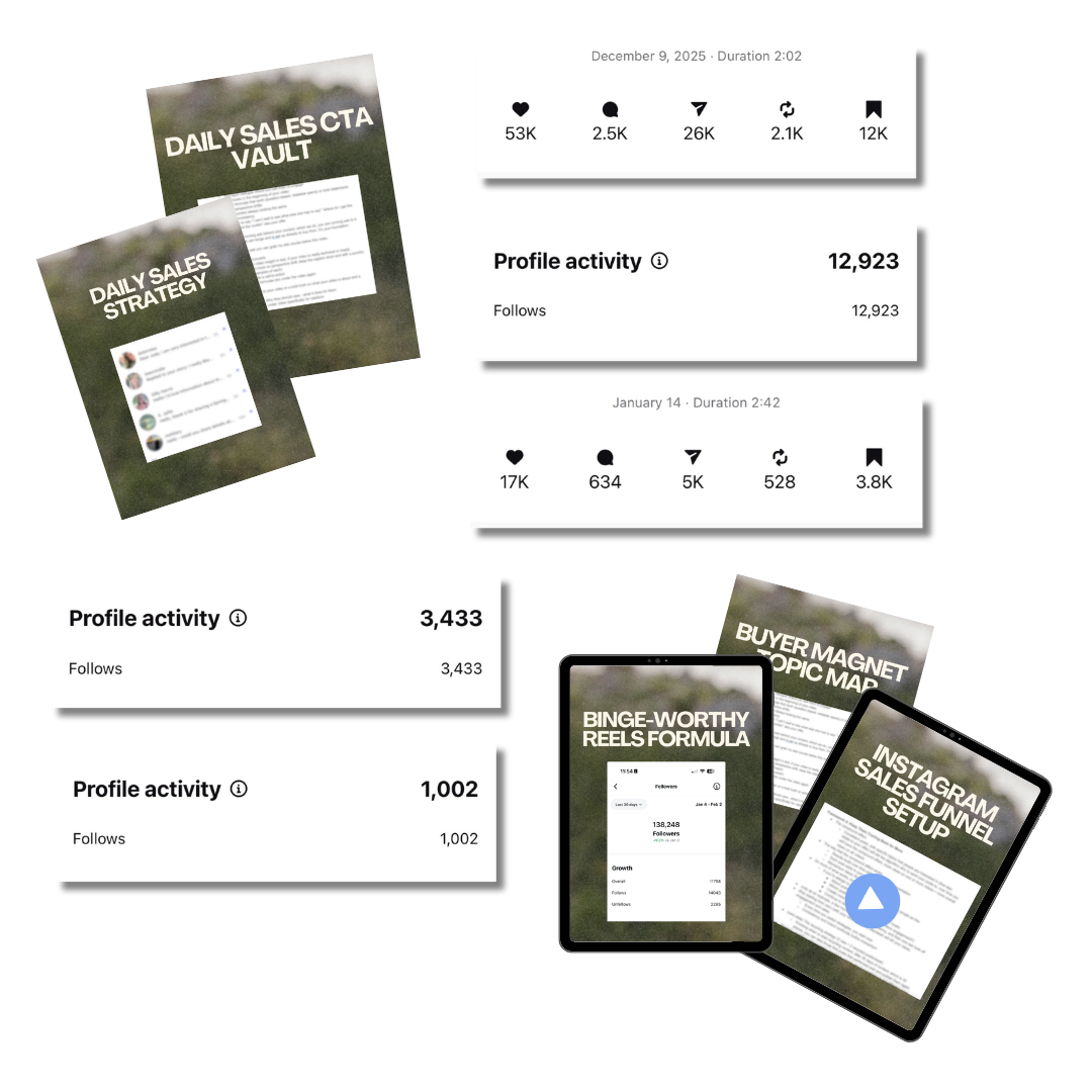 Binge & Buy Content Formula — course materials including Daily Sales CTA Vault, Daily Sales Strategy, Binge-Worthy Reels Formula, Buyer Magnet Topic Map, and Instagram Sales Funnel Setup